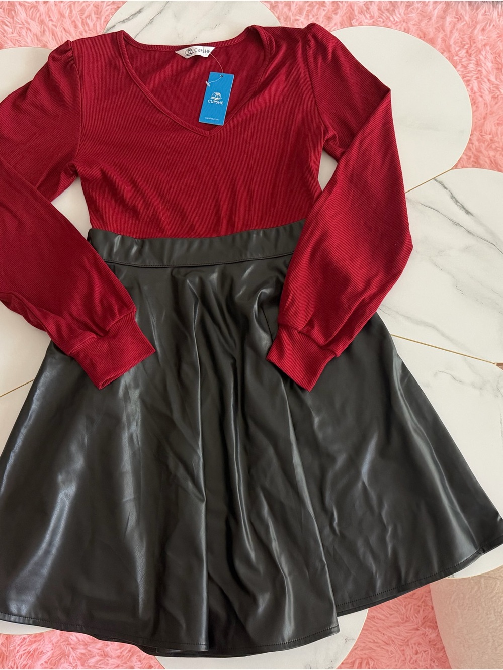 Cupshe Red V-Neck Long Sleeve Dress with Black Faux Leather Skirt - Picture 5 of 5